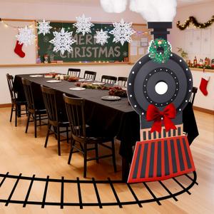 Oudain 9 Pcs Christmas Express Train Decoration 3D Snowflake Ornaments Christmas Cardboard Train with Railroad Rug Black Tablecloth for Express Xmas Birthday Party Gift School Classroom Decor