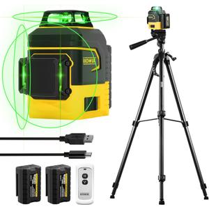 IKOVWUK Laser Level with Tripod, Laser Level 3x360 Self Leveling 12 Green Line, Rechargeable Battery 2 x 3000 mAh & Type-C Charging Port, Compact Adjustable 1.6M Tripod & Carry Pouch Included