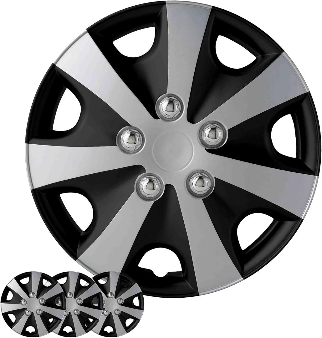 Hubcaps 4-Pack Kit, 14 inch Hub Caps Set of 4 Wheel Covers with Universal Snap-On Retention Rings, 2-Tone ABS Plastic Black and Silver Car Rims for All Models (SG-5051-DP-14)