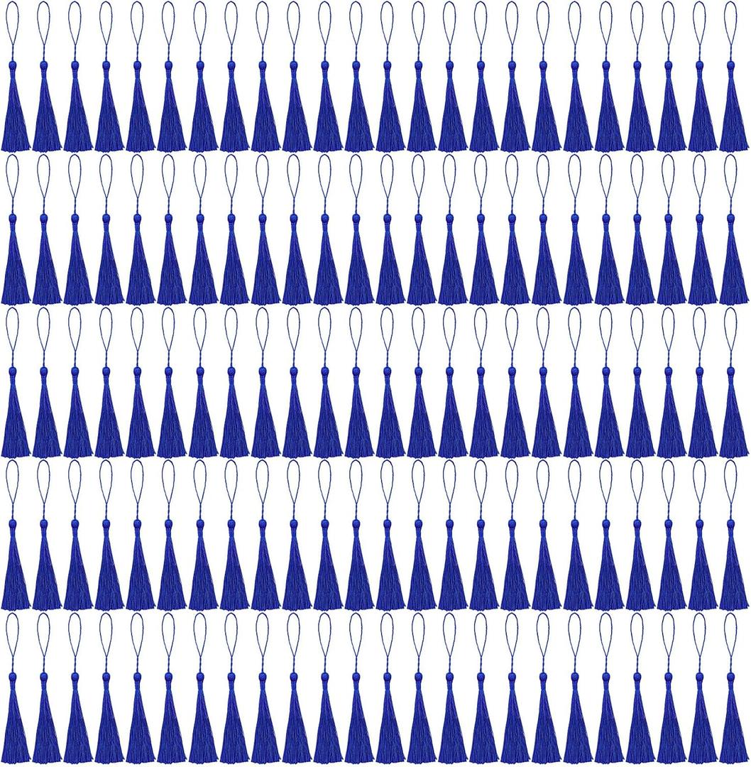 NACHLYNN 120 Pcs Bookmark Tassels Bulk 13cm/5 Inch Silky Handmade Soft Craft Mini Tassels for Jewelry Keychain Making with Loops for Dress Decoration DIY Craft Accessory (Royal Blue)