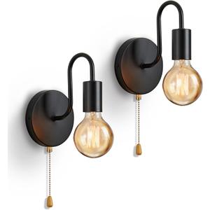 Vintage Pull Chain Wall Lights Set of Two, with Switch Black Wall Sconce E26 Industrial Wall Lamp Retro Wall Lighting Hard Wired Sconces Lighting for Mirror Bedroom Living Room Hallway