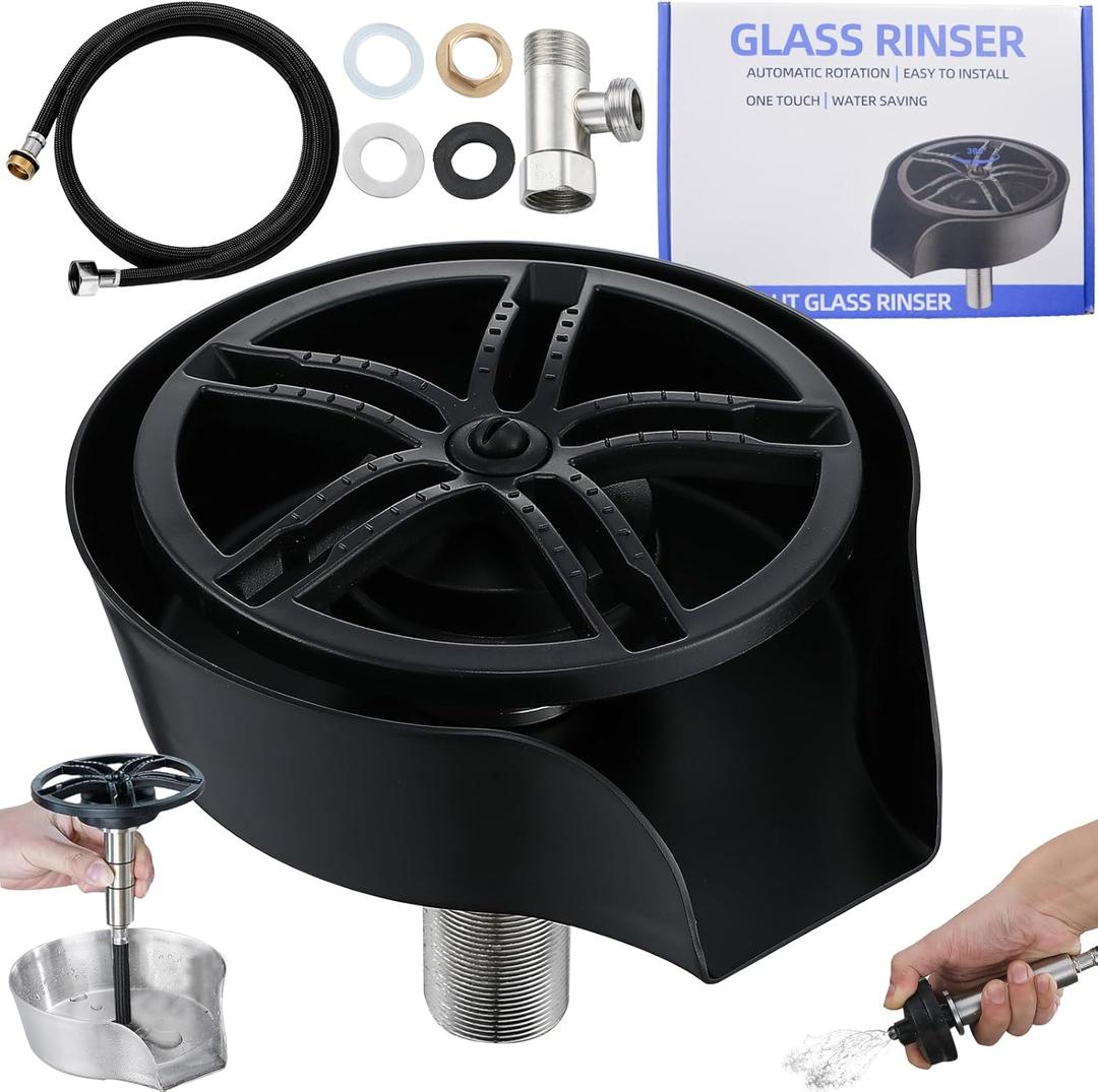 Glass Rinser and Cup Washer for Sink, 360 Rotating Spray Nozzle with Pull-Out Design, Bottle Cleaner - Tilted Base Prevents Splashing, Kitchen Sink Accessories for Home & Bar (Easy Install-Black)