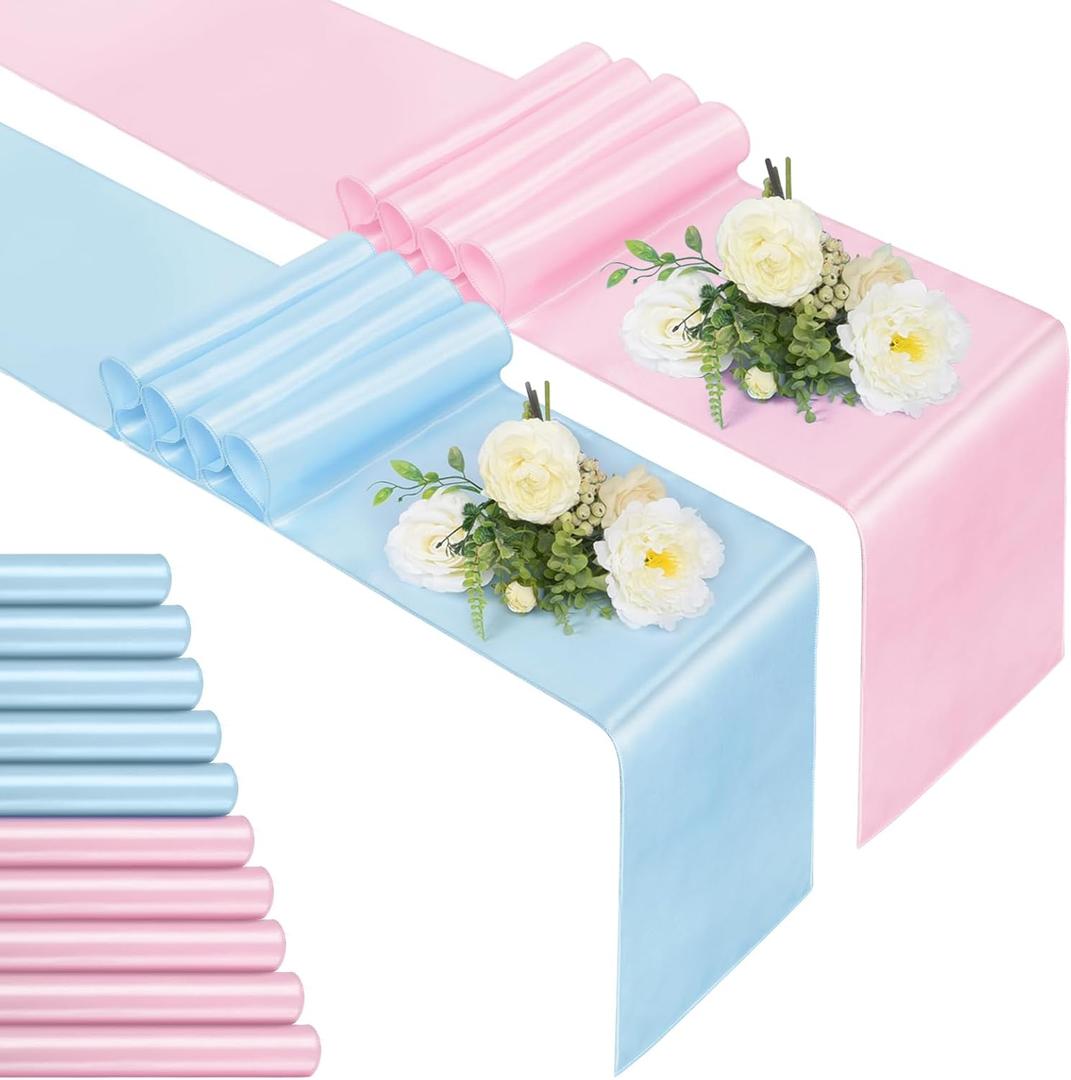 Jspupifip 12 Pcs Pink Blue Table Runner, 108 Inch Satin Table Runner for Baby Shower Gender Reveal, New Year, Valentines Day, Wedding Banquet, Birthday Party (11 x 108)