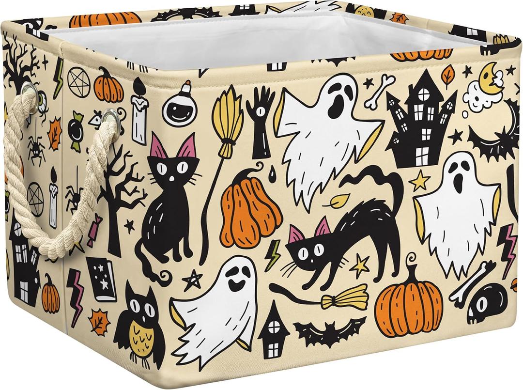 Halloween Ghost Basket Pumpkin Black Bat Boo Spooky Basket with Handles Foldable Halloween Gifts Storage Bins Boxes for Party Home Bedroom Decor (15x10x10 Inch, Beige)