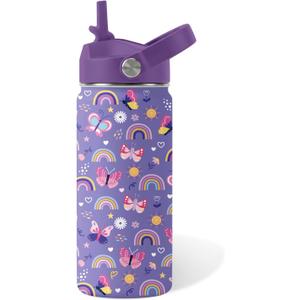 Butterfly Gifts - 16oz Purple Kids Water Bottle with Straw Lid, Stainless Steel Insulated Tumbler, Leakproof, BPA-Free, for Girls, School, Travel - Butterfly Rainbow Themed Birthday Gift Cup (1pc)