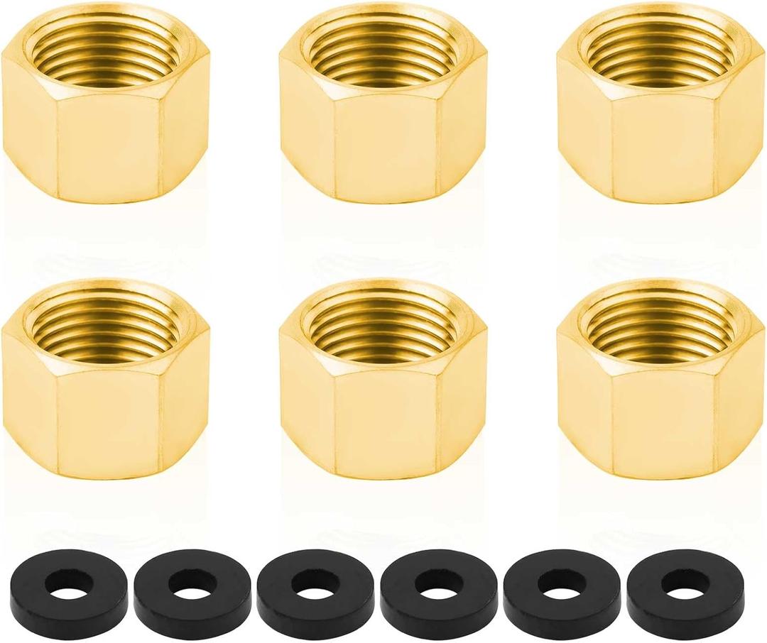 (Pack of 6) Brass 3/8'' Compression valve Cap Fitting for Sink Shut off Angle Stop Water Line Valve with Sealing Rubber Gasket Washer
