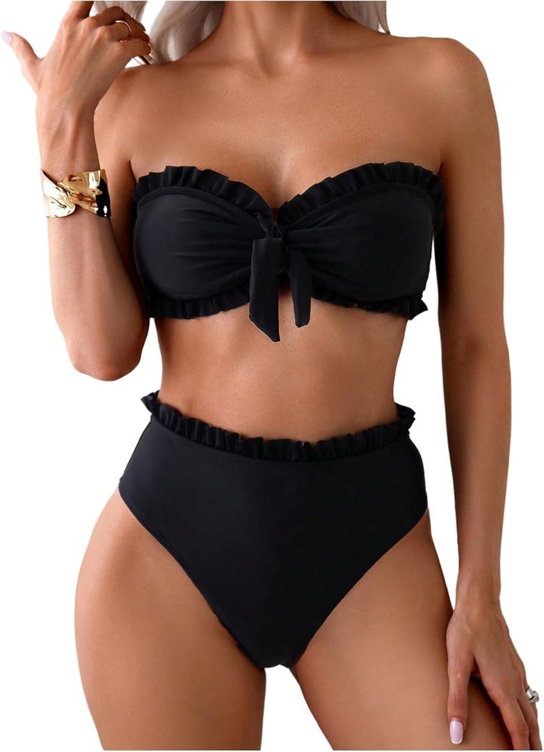SweatyRocks Women's 2 Piece Bandeau Bikini Set High Waist Strapless Knot Front Swimsuit Ruffle Trim Bathing Suits (Large, Black)