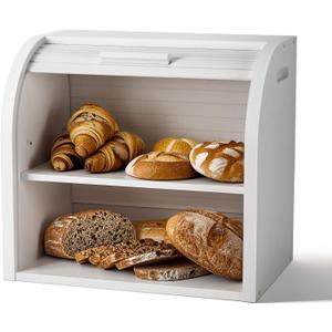 G.a HOMEFAVOR Bread Box: Large 2-Tier Bamboo Roll Top Bread Storage Container for Kitchen Counter, Bread Holder Food Bin for Countertop, Self-Assembly, White