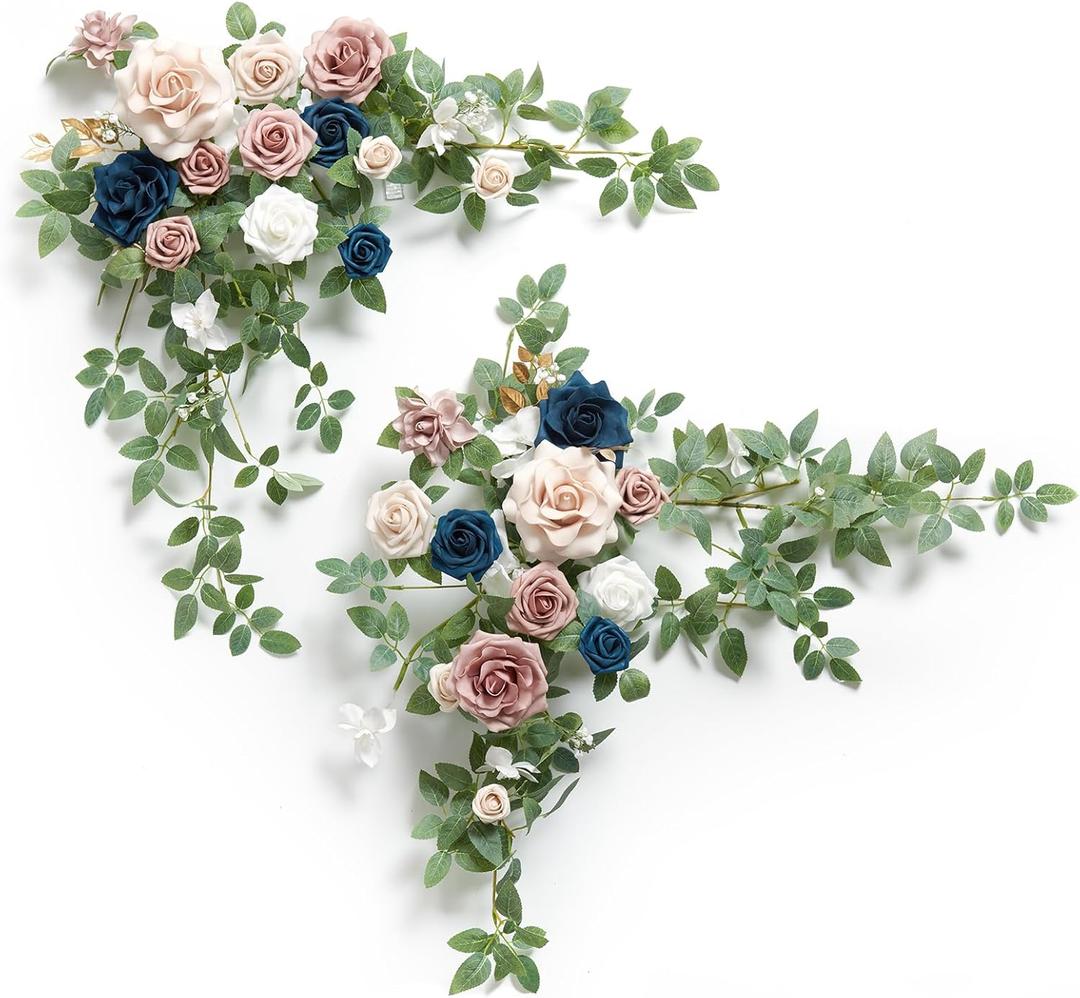Ling's moment 2PCS Navy Blue Artificial Flower Garland Wedding Arch Flowers Floral Swags Table Centerpieces Dusty Rose Arrangements for Sweetheart Table Easel Wall Entryway Board Backdrop Decor