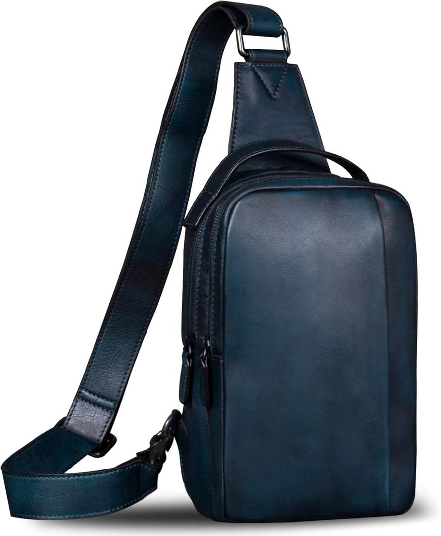 Genuine Leather Sling Bag for Men and Women Vintage Real Leather Sling Backpack Shoulder Crossbody Bags Chest Purse (Navyblue)