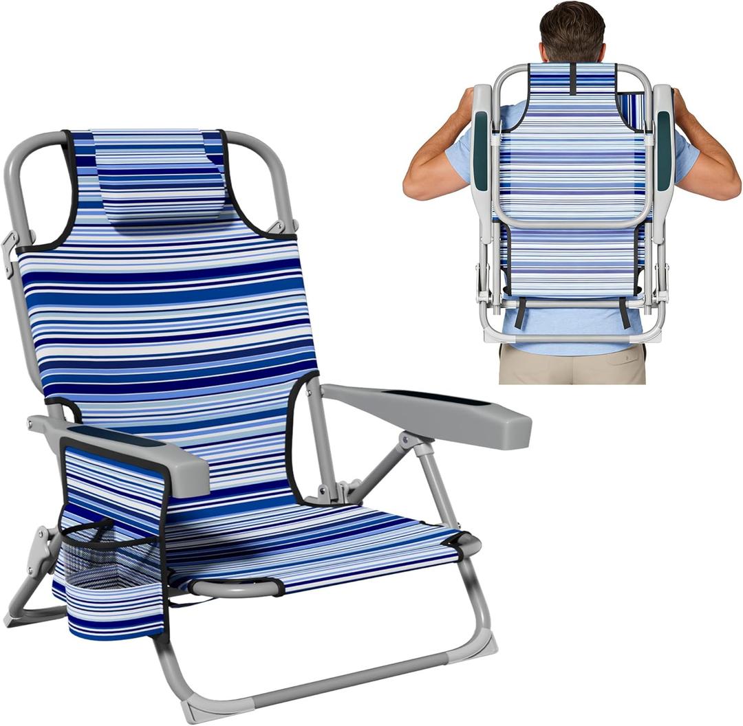DIAMONDFORGE Lightweight Portable Beach Chair for Adults, 350 LBS Capacity Backpack Beach Chair, Reclining Beach Chair with 5-Position Lay Flat, Large Cup Holder for Beach Camping Sports, 1 Pack Blue