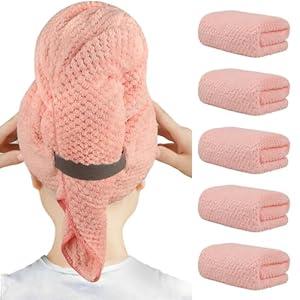 HOMEXCEL 5 Pack Large Microfiber Hair Towel Wrap for Women, Pink- 40 x 20 inches Super Soft, Fast Drying Turbans for Long, Thick, Curly Hair - Anti Frizz Wrap with Elastic Strap