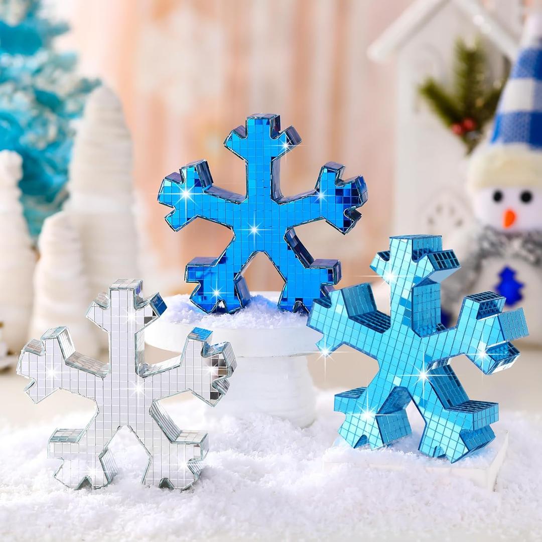 3 Pcs Winter Disco Snowflake Decor Table Decorations Glitter Snowflake Shaped Decoration Blue and Silver Disco Mirror Table Centerpiece Winter Tiered Tray Decor for Home Shelf (Deep Blue Light Blue and White)