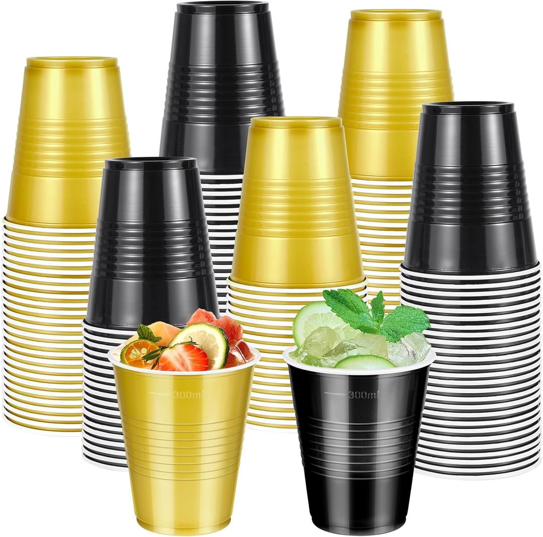 100 Pcs Black and Gold Plastic Cups 12 oz, Bulk Gold and Black Disposable Party Graduation Cups for Graduation New Year Wedding Birthday Christmas Theme Party Supplies Decorations