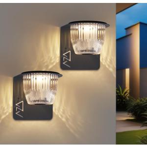 Solar Wall Lights Outdoor Waterproof, 2 Pack Metal Wall Lights + USB-C Powerd, Dusk to Dawn Solar Porch Lights Outdoor with 3 Bright Modes, for Patio, Garage, Shed, Slate Gray