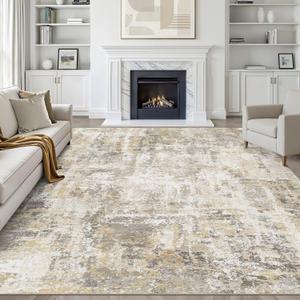 LOONGRUG 10x12 Area Rug Washable Neutral Modern Living Room Rug Gray Gold | Large Abstract Soft Stain Resistant Indoor Non-Slip Carpet for Bedroom Nursery Kids Office Playroom Dining Room