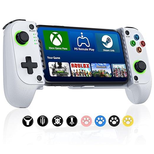 Mocagen Phone Controller for iPhone/Android Support Phone Case, Mobile Controller with Led Light, Upgraded Joysticks, Turbo, Thumb Grips Handheld Gaming Gamepad Mocagen Phone Controller for iPhone/Android Support Phone Case, Mobile Controller with Led Light, Upgraded Joysticks, Turbo, Thumb Grips Handheld Gaming Gamepad