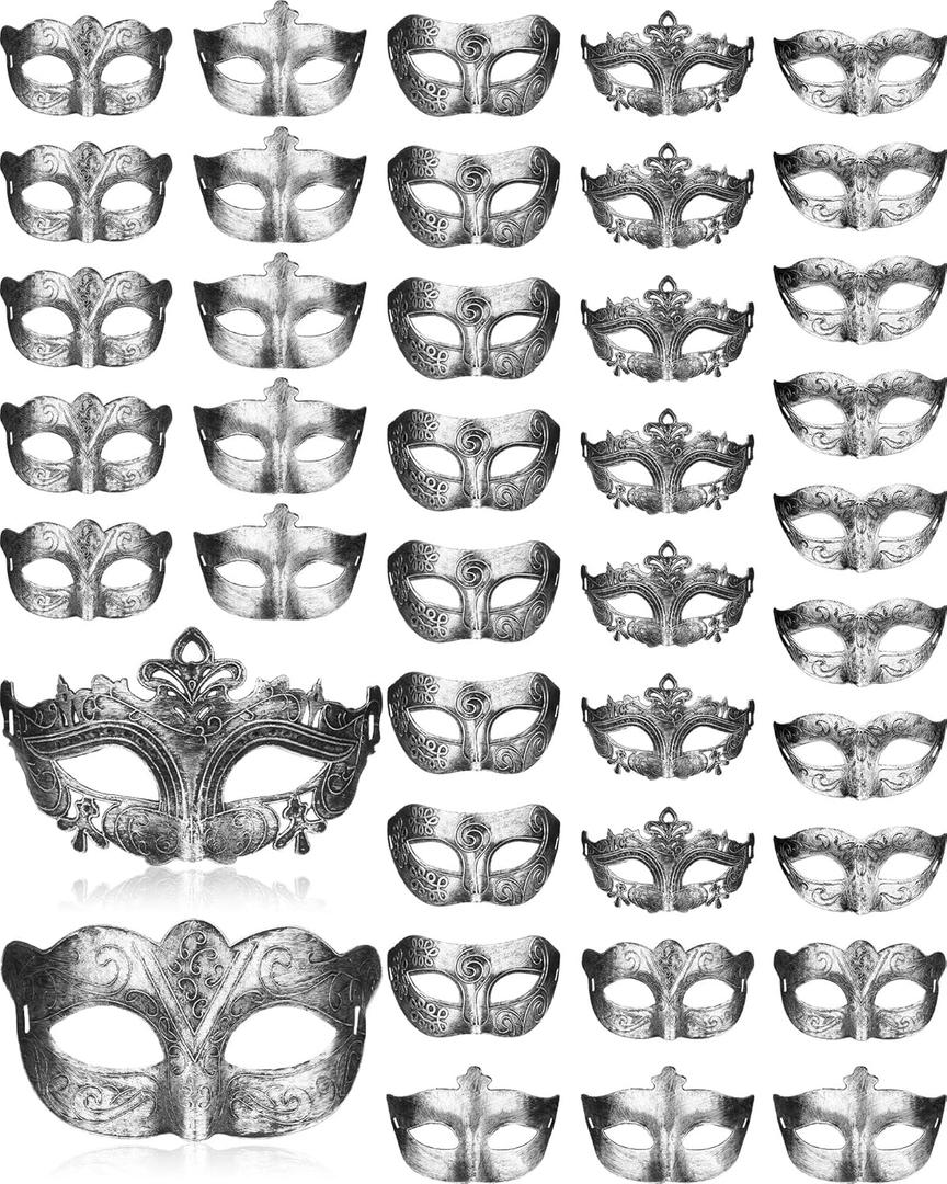 Yunsailing 40 Pcs Masquerade Mask Bulk Vintage Mardi Gras Masks Antique for Halloween Ball Cosplay Performance Prop (Silver)
