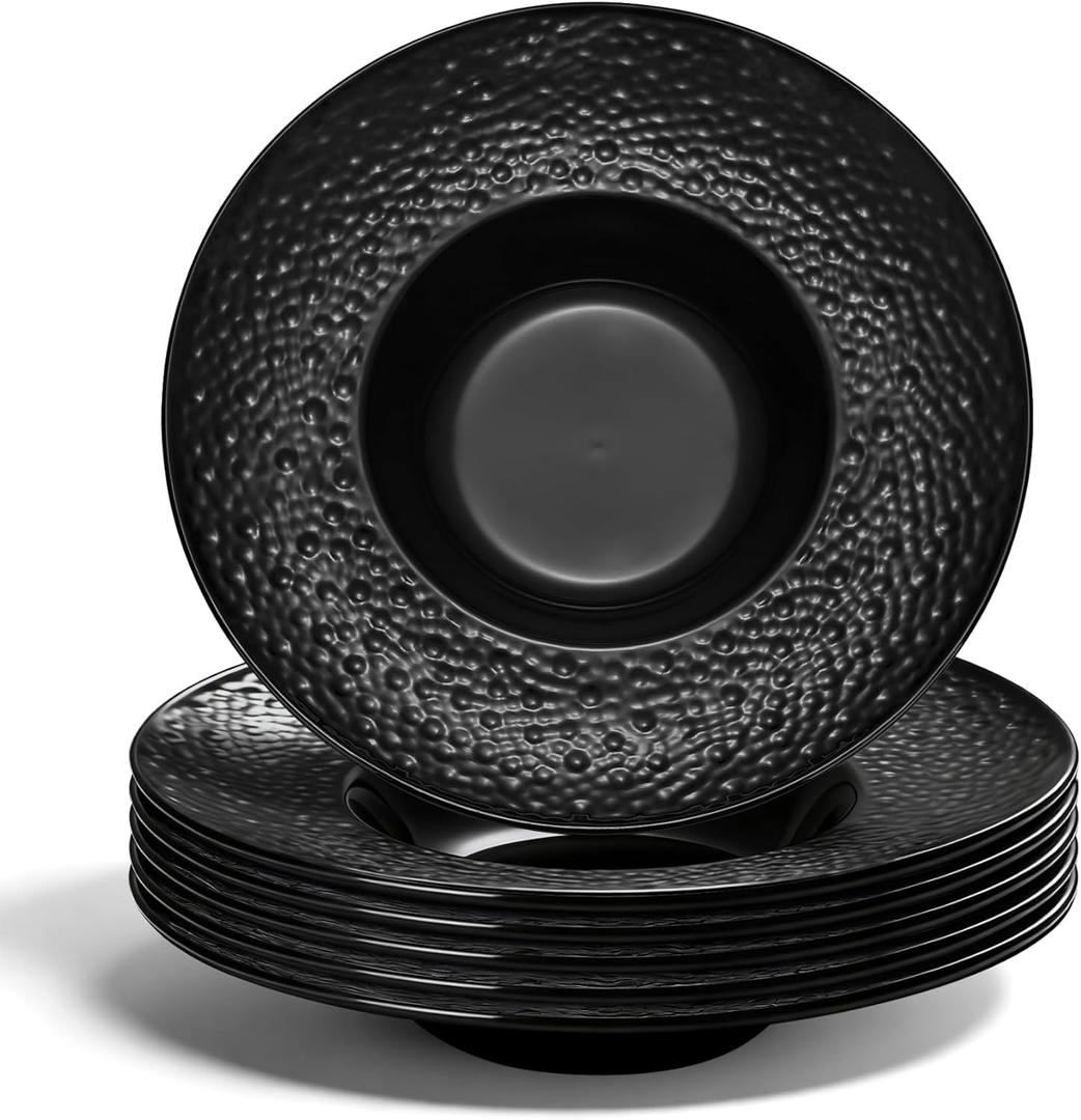 Berglander Rimmed Soup Bowls Set of 6, Reusable 9oz Plastic Multipurpose Plates Dish for Mushroom Soup/Pasta/Fruit/Icecream/Dessert/Snack/Salad, Unbreakable for Kid/Camping/Picnic (2.Black)