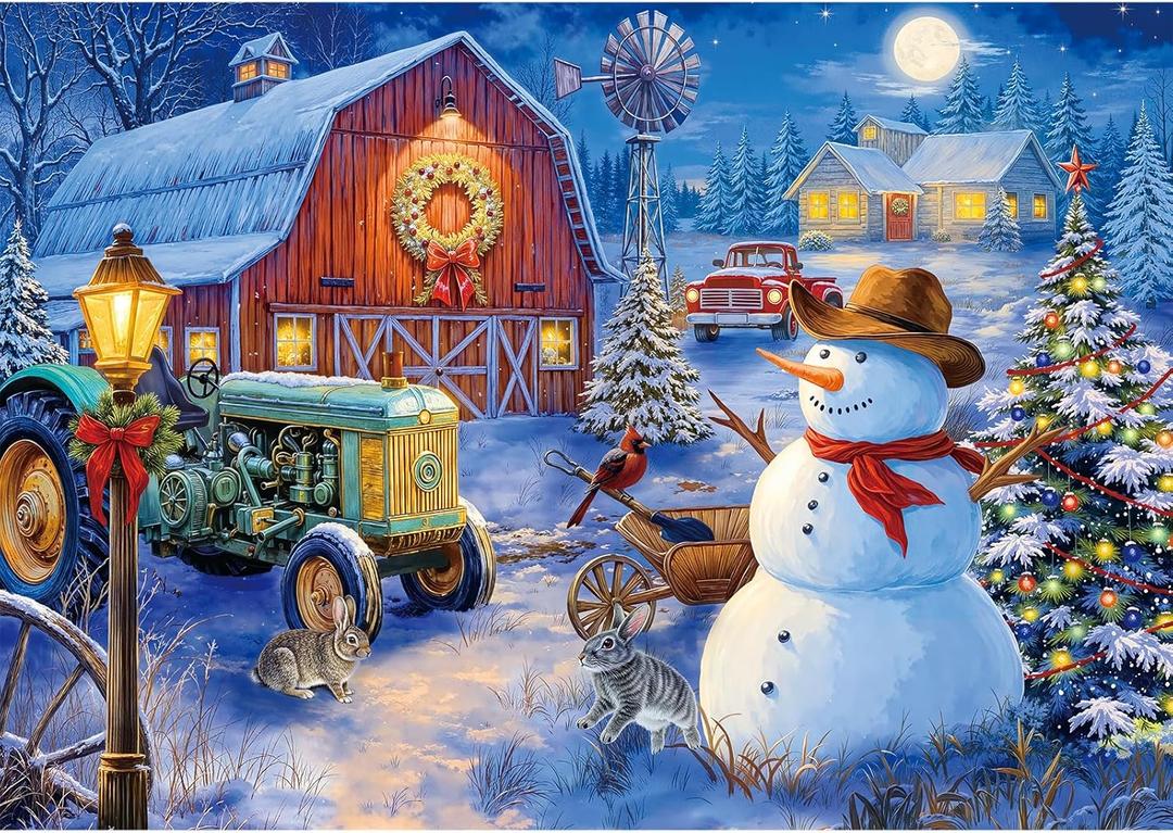 Rocorose Christmas 500 Piece Jigsaw Puzzle, Winter Snowy Night Scene Puzzle for Adults Challenging Village Red Truck with Snowman Jigsaw Puzzles Festive Gifts for Family and Teens