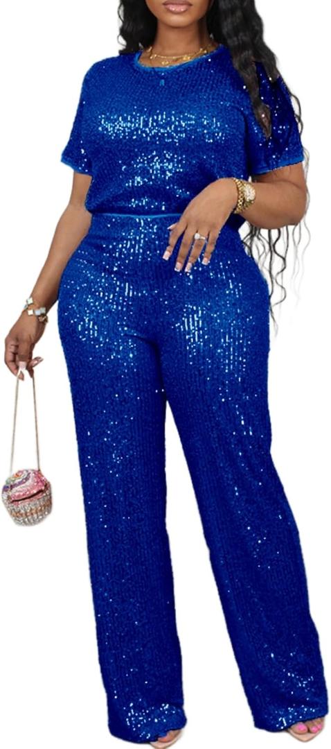 Vaceky Women's Sequin Elastic Waist Trousers (3X-Large, Blue)