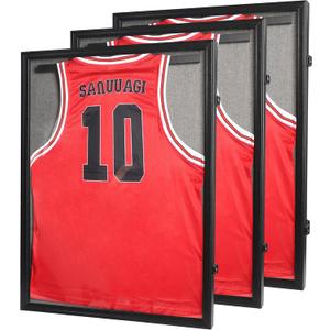 Jersey Frame Display Case - 3 Pack Large Lockable Sports Jersey Frame Shadow Box with Uv Protected Acrylic and Hanger for Baseball Basketball Football Soccer Hockey Sport Shirt Linen Black