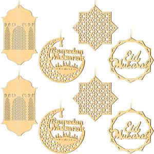 8 Pieces Ramadan Ornaments Decoration Eid Mubarak Door Sign Wooden Hanging Signs Kareem Hollow Pendant Party Wall Decor Moon Star Lantern Shape Ornament for Muslim Islam Festive Home Table Decoration
