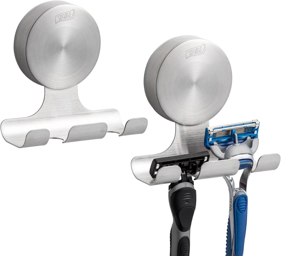 TAILI 2 Pack Powerful Suction Cup Razor Holder, 304 Stainless Steel Bathroom Suction Hooks for Towel, Loofah, Bathrobe, Stylish Shaver Holder for Shower Wall, Easy to Install and Reuse, Silver