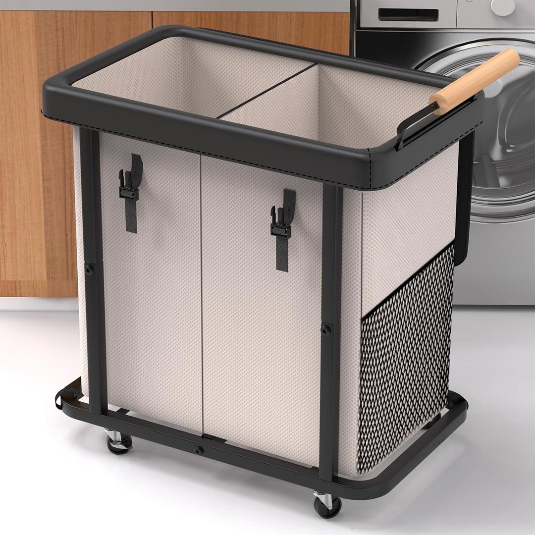 190L (50 Gal) Extra Large Fashion Laundry Hamper 2 Section with Lid, Rolling Laundry Basket Hamper with Handle, Laundry Organizer Storage Cart with Sturdy Metal Frame for Laundry Room, Hotel,White