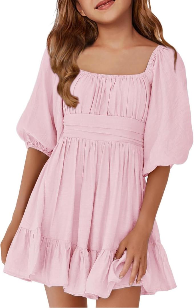 Girls Summer Dresses Square Neck Lantern Sleeve Tie Backless Ruffle A-Line Party Mini Dress, Medium, Pink Girls Summer Dresses Square Neck Lantern Sleeve Tie Backless Ruffle A-Line Party Mini Dress, Medium, Pink