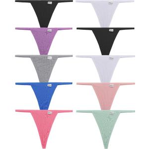 FINETOO 9 Pack G-String Thongs for Women Cotton Panties Stretch T-back Tangas Low Rise Hipster Underwear Sexy (L)