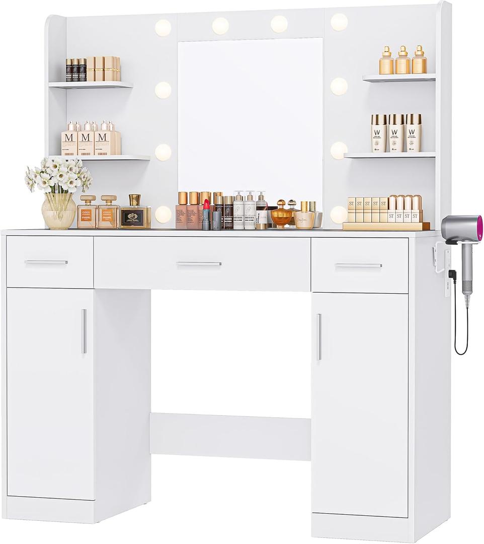 DUMOS Vanity Desk Makeup with Mirror LED Lights, White Table with Power Outlet 3 Drawer, 4 Storage Shelves & 2 Cabinets, 3 Lighting Modes & Adjustable Brightness, Dressing Tables for Bedroom