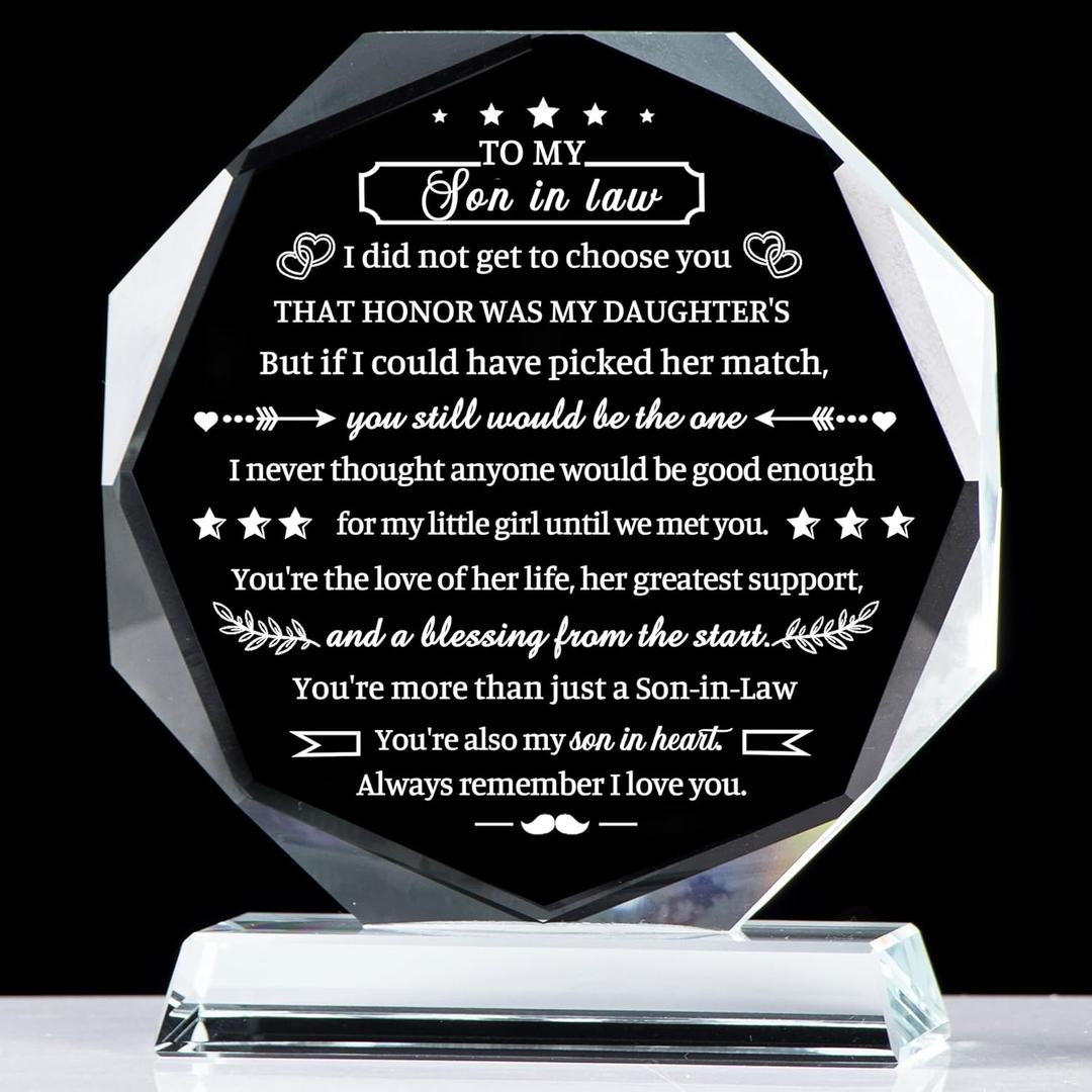 Movdyka Son in Law Gifts from Mother Father in Law, Best Birthday Gifts for Son in Law, Crystal Plaque Keepsake, Christmas Father's Day to My Favorite Son in Law