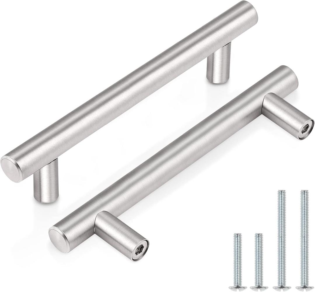 Probrico 30 Pack| 3-1/2 Inch Hole Center Cabinet Handles Satin Nickel Stainless Steel Drawer Dresser Pulls, Euro Round T Bar Kitchen Cabinet Pulls, 6 Inch Total Length