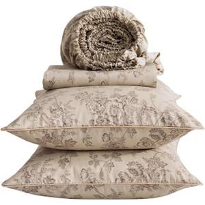 Vintage Beige Floral Sheets, Queen Size 100% Cotton Percale Shabby Flower Patterned Chic Bed Sheet Set, Soft Crisp Deep Pocket Fitted Sheet, Luxury Aesthetic Toile Farmhouse Bedding, 4Pcs