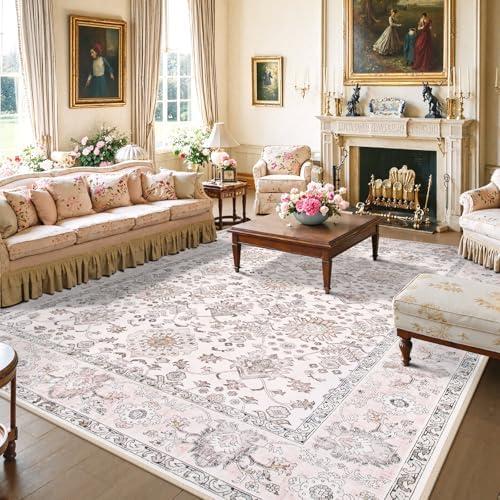 Lahome Boho Pink Area Rugs 9x12 Living Room, Washable Floral Large Area Rugs for Bedroom, Soft Non-Slip Thin Rug for Nursery Kids Playroom Dining Room (Pink, 9' x 12')