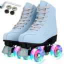 Roller Skates for Girls and Women, Cozy PU Leather Gradient Color Skates with Flash Wheels, Indoor Outdoor Skates for Beginner, Skyblue, 35-US Women 5/ Youth 4