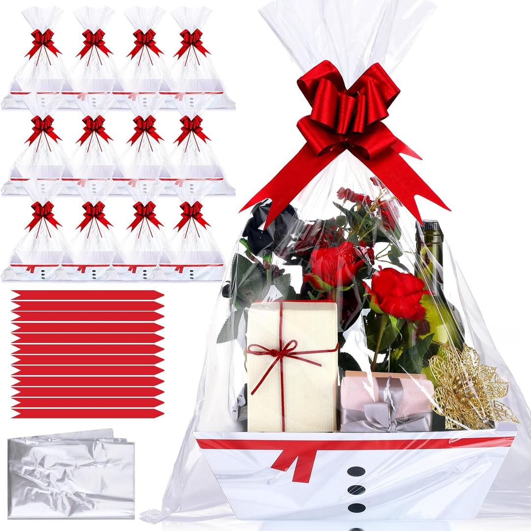 Yeaqee 36 Pcs 12 Pack 8 x 10 Inch Christmas Baskets for Gifts Empty Baskets with Bows Ribbons Bulk Snowman Thank You Appreciation Gift Box for Holiday Party Favors