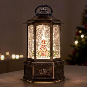 Christmas Snow Globes, 9.37" Church Glitter Water Lantern with Song, 6H Timer Battery & USB Powered Music Box for Christmas Decorations Indoor