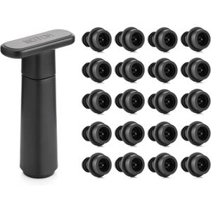 WOTOR Wine Saver Vacuum Pump with 20 Stoppers, Wine Stopper & Preserver, Reusable Bottle Sealer Keeps Fresh, Ideal Accessories Gift (Flat Handle)