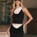 CSDAJIO 2 Piece Outfits for Women Sleeveless Lace Shirt Draped Cowl Neck Tank Top and Ruched Bodycon Mini Skirt Sets (Black, L)