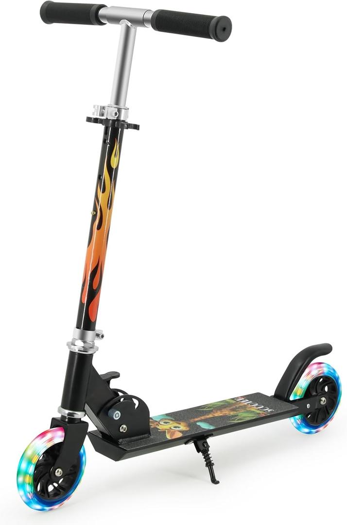 Scooter for Kids Ages 3+, Teens, Foldable Kick Scooter with Light up Wheels, Kickstand, 3 Adjustable Levels, Rear Brake, Lightweight Boys Girls Outdoor Toys for Kids 8-12, Black