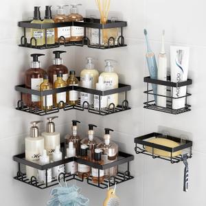 Liuoud Corner Shower Caddy 5 Pack, Rustproof Stainless Steel Shower Organizer with Soap Rack Toothbrush Holder, Large Capacity Adhesive No Drilling Bathroom Storage Decor Set, Black