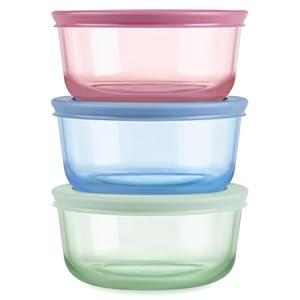 Pyrex Colors (3-Pack, Medium) Tinted Glass Round Food Storage Container Set, Snug Fit Non-Toxic Plastic BPA-Free Lids, Freezer Dishwasher Microwave Safe, 2 Cup, 4 Cup & 7 Cup, Blue