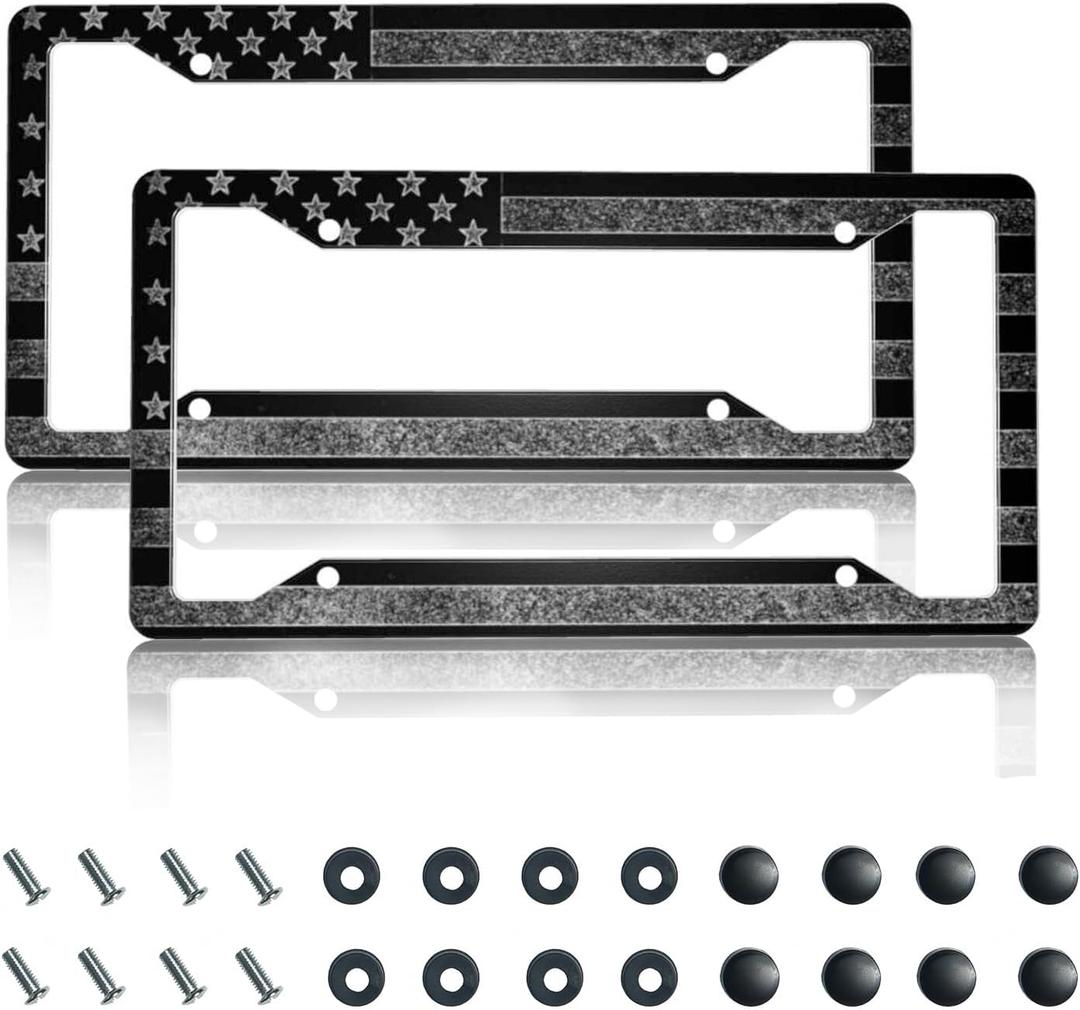 License Plate Frame 2 Pack Front Rear Aluminum Metal Rust-Proof Universal Car Tag Frames Holder with 4 Holes Car Decor Accessory with Screws for Men Women - Black Grey American Flag