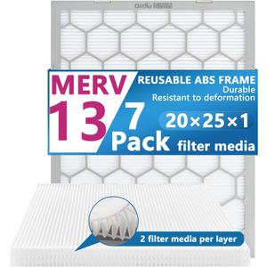 20x25x1 MERV 13 Air Filter,AC Furnace Air Filter,Reusable ABS Plastic Frame, 7 Pack Replaceable Filter Media (Actual Size: 19 3/4" x 24 3/4" x 3/4")