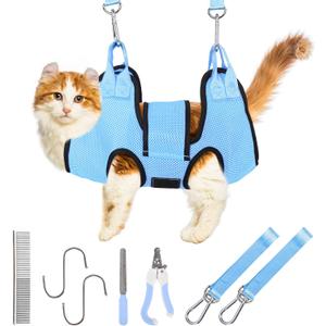 PatiencET Cat Grooming Hammock for Nail Trimming Pet Hammock for Small Dogs with Security Strap Dog Sling for Nail Clipping with Clippers Nail File and Pet Comb (Cerulean XS)