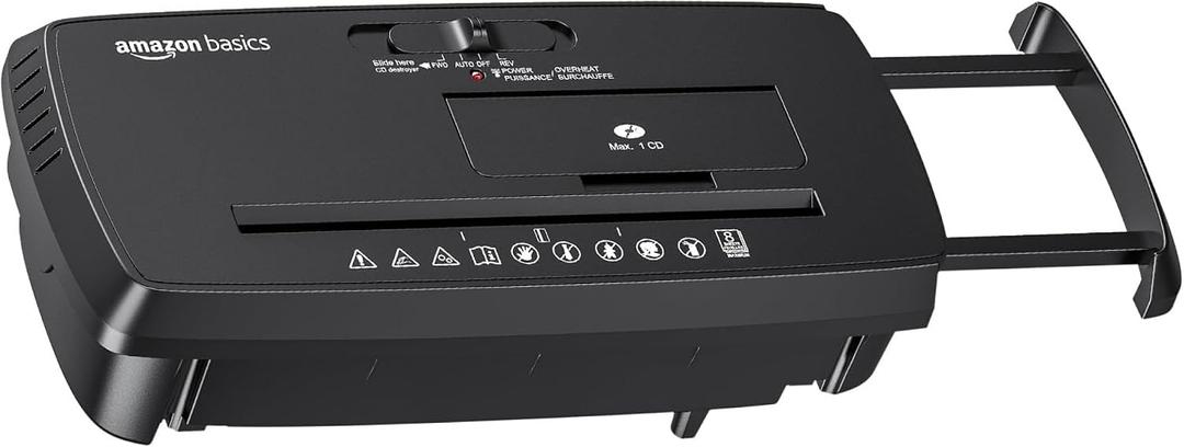 Amazon Basics 8-Sheet Strip Cut Portable Paper, CD, and Credit Card Shredder with Auto-Off, Overheat Protection, Compact Design, No Basket, Extendable Arm, Black