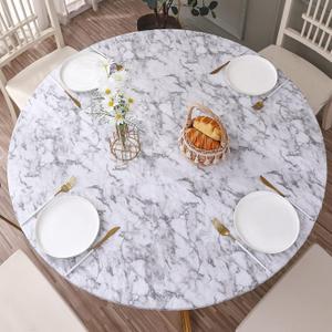 Round Vinyl Fitted Tablecloth with Flannel Backing Elastic Edge Design Table Cover Waterproof Oil-Proof PVC Table Cloth Stain-Resistant Wipeable for Round Table (Small Round Fits Table up 32"-36" Diameter, Marble)