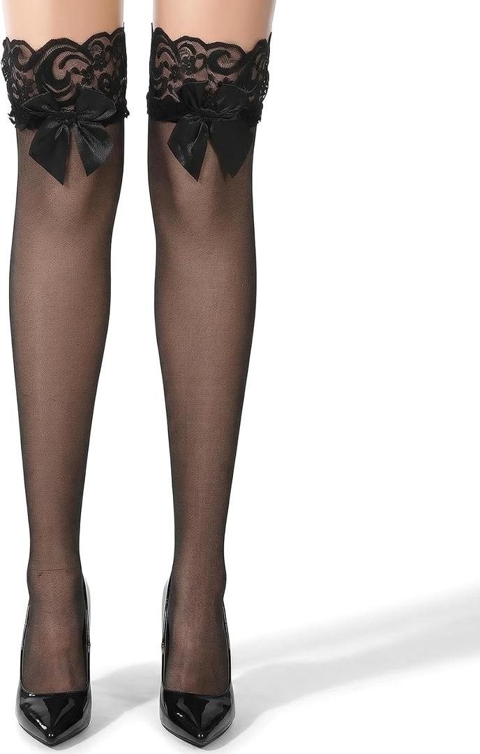 2 Pcs Black Lace Thigh High Stockings, Sheer Lace Top Thigh High Stockings with Bow Design Style Over the Knee Highs Thighs for Women 1 Pair (Black, One Size Fits Most) (Black)